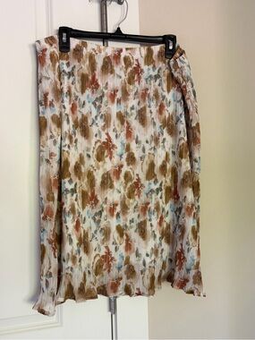 Pleated Midi Skirt in Brown, Cream & Teal Floral